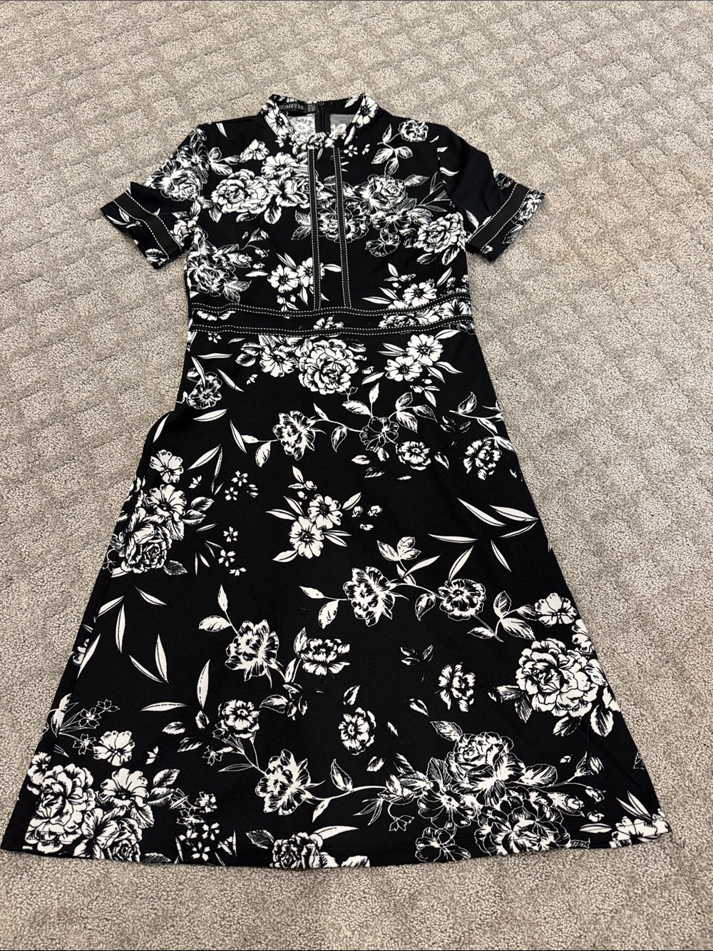 Black Floral Midi Dress with Contrast Trim